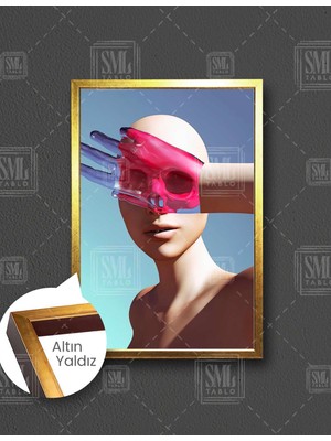 SML Tablo Şeffaf Elli Poz Veren Pembe Kurukafa Detaylı Kadın Figürü Dikey Çerçeveli Kanvas Tablo