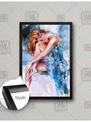 SML Tablo Sarı Saçlı Mavi Abiye Elbiseli Zarif Balerin Dikey Çerçeveli Kanvas Tablo