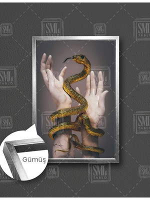 SML Tablo Mermer Heykel Ele Sarılan Altın Yılan Dikey Çerçeveli Kanvas Tablo