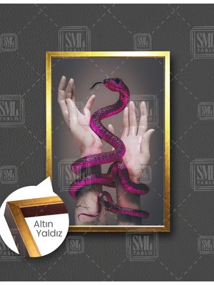 SML Tablo Mermer Heykel Ele Sarılan Pembe Yılan Dikey Çerçeveli Kanvas Tablo