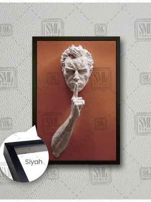 SML Tablo Turuncu Duvar Önünde Sus Yapan Heykel  Dikey Çerçeveli Kanvas Tablo