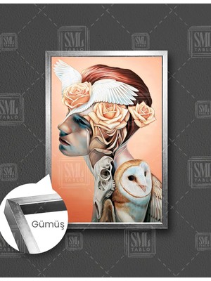 SML Tablo Başında Kanatlar ve Gül Olan Adam Ile Baykuşu  Dikey Çerçeveli Kanvas Tablo