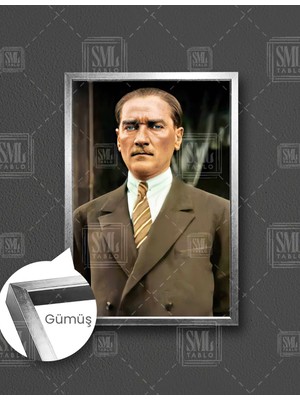SML Tablo Sert Bakışlı Mustafa Kemal Atatürk  Dikey Çerçeveli Kanvas Tablo