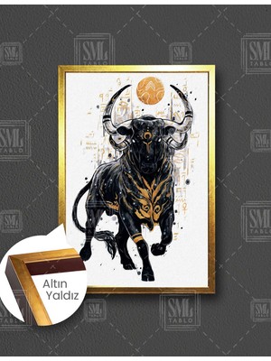 SML Tablo Yaldızlı Astrolojik Detaylı Siyah Mürekkep Boğa Dikey Çerçeveli Kanvas Tablo