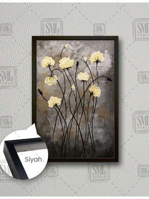 SML Tablo Sarı Beyaz Siyah Dallı Yağlı Boya Efektli Çiçek Dikey Çerçeveli Kanvas Tablo