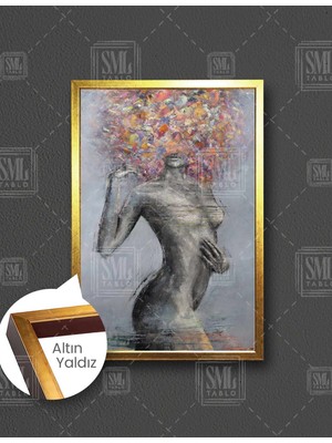 SML Tablo Gözü Kapalı Renkli Saçlı Nü Kadın Dikey Çerçeveli Kanvas Tablo