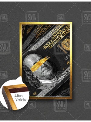 SML Tablo Gözü Kapalı Benjamin Franklin Dolar Art Gold Dikey Çerçeveli Kanvas Tablo