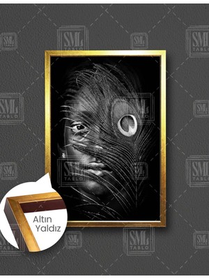 SML Tablo Tavus Kuşu Tüyü Gözlü Afrikalı Kadın Dikey Çerçeveli Kanvas Tablo