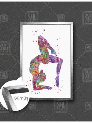 SML Tablo Yoga Yapan Rengarenk Kadın Silüeti Dikey Çerçeveli Kanvas Tablo
