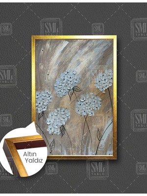 SML Tablo Siyah Dallı Beyaz Taş Çiçekler Ortanca Çiçeği Doğa Sanat Dekor Dikey Çerçeveli Kanvas Tablo
