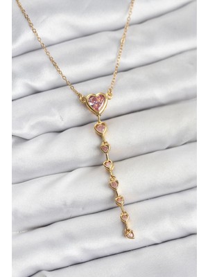 316L Çelik Zincir Gold Renk Pembe Kalp Kadın Kolye