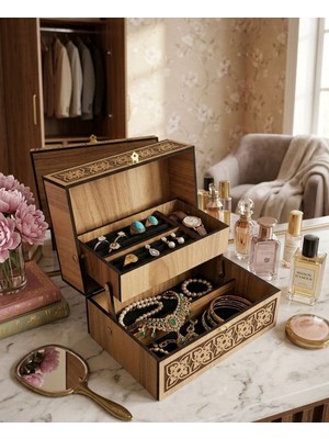 Özgürce Çift Katlı Ahşap Takı ve Makyaj Organizeri, Söğüt Renk