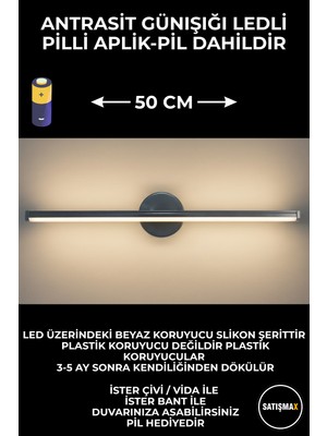 Satışmax Modern Dekoratif LED Duvar Aplik 50 cm Siyah 1 Adet Pilli Günışığı Işık