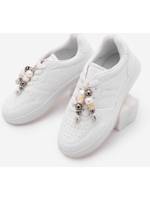 Marjin Kadın Sneaker Kalın Taban Çok Parçalı Çıkarılabilir Boncuklu Tokalı Spor Ayakkabı Tivali Beyaz