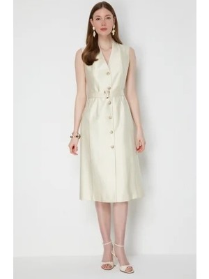 Ekol V Yaka Kemerli Midi Elbise 6150