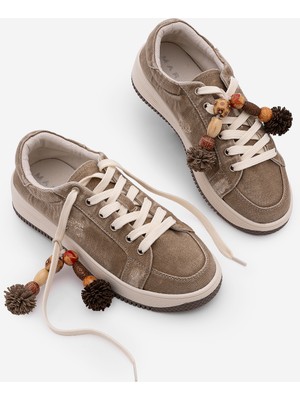 Marjin Kadın Sneaker Kalın Taban Denim Çıkarılabilir Boncuklu Tokalı Spor Ayakkabı Porento Bej Kot