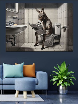 Özgürce Banyoda Gazete Okuyan Eşek Dekoratif Kanvas ve Mdf Ahşap Tablo