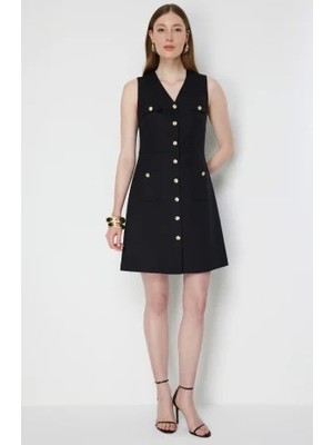 Ekol Kumaşı Simli Kolsuz Midi Elbise 6060