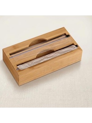 Naque Amberhaus Bambu 2 Bölmeli Streç ve Alüminyum Folyo Kutusu | Duvara Monte Edilebilir Folyo Kesici | 17,5X9,5X10 cm | Mutfak Düzenleyici Organizer