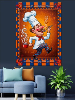 Özgürce Neşeli Aşçı Karikatür Çizimi Dekoratif Kanvas ve Mdf Ahşap Tablo
