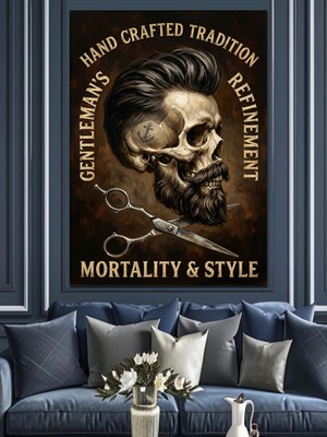 Özgürce Modern Sakallı Berber ve Kurukafa Temalı Dekoratif Kanvas ve Mdf Tablo