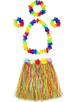 NW NessiWorld Yetişkin ve Çocuk Uyumlu Luau Aloha Hawaii  kolye Renkli Etek Taç ve Bileklik Seti