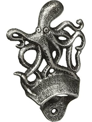 Naque Hampton Nautisches K-9116-SILVER Antik Gümüş Dökme Demir Duvara Monte Octopus Şişe Açacağı 15,2 cm – Vintage Dökme Demir Decor – Sea Life