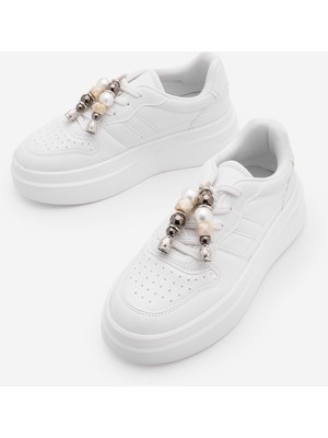 Marjin Kadın Sneaker Kalın Taban Çıkarılabilir Boncuklu Tokalı Spor Ayakkabı Asnera Beyaz