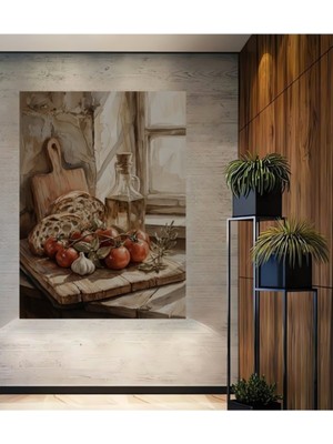 Özgürce Taze Domates ve Zeytinyağlı Ekmek Temalı Ahşap Dekoratif Tablo
