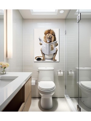Özgürce Gazete Okuyan Aslan Temalı Dekoratif Hd Kanvas Tablo, Şık Banyo Süsünüz