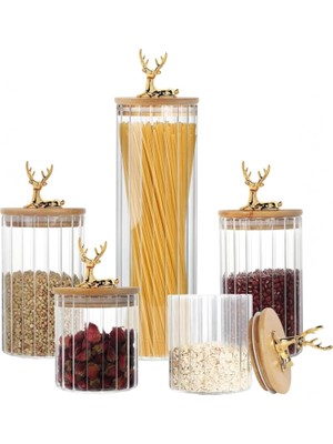 Naque Yenigeldi (9X10 Cm) 2 Adet Geyikli Cam Saklama Kavanozu Geyik Başı Altın Renk Hava Geçirmez Y-422,ŞEFFAF