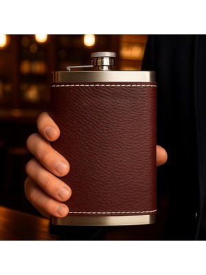 Naque Perlotus 8 Oz 235 cc Hunili Kızıl Kahverengi Hakiki Deri Kılıflı Çelik Viski Içki Matarası Babalar Günü Hediyesi