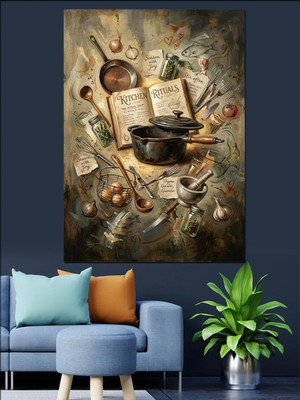 Özgürce Kanvas ve Mutfak Malzemeleri Kolajı Dekoratif Tablo, Şık ve Modern Tarz
