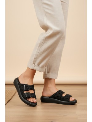 Enoch Kadın Siyah Hasır Örgü Dokulu ve Çift Bantlı Anatomik Ultra Hafif Comfort Terlik