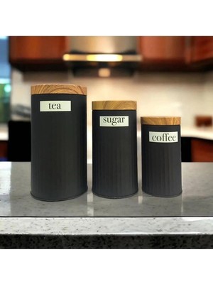 Naque Ucr Home 3'lü Set Metal Çay Kahve Şeker Saklama Kavanozu - Siyah