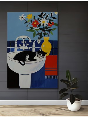 Özgürce Banyo ve Kedi Temalı Ahşap Dekoratif Dikdörtgen Tablo