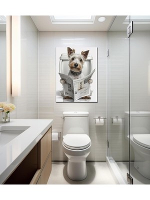 Özgürce Sanatsal Kanvas Banyo Tablosu, Gazete Okuyan Terrier, Modern Dekorasyon