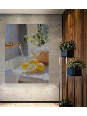 Özgürce Limon ve Doğal Ahşap Görünümünde Şık Dekoratif Dikdörtgen Tablo