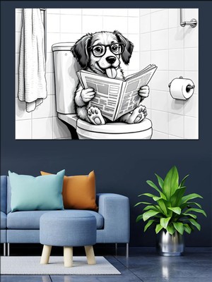 Özgürce Eğlenceli Tuvalette Gazete Okuyan Köpek Dekoratif Tablo
