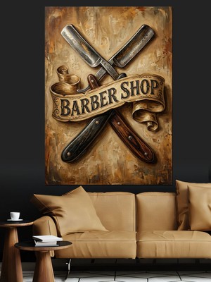 Özgürce Vintage Berber Dükkanı Ustura Logolu Dekoratif Kanvas ve Mdf Tablo