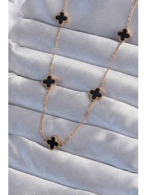 316L Çelik Gold Renk Minimal Siyah Mineli Yonca Kolye