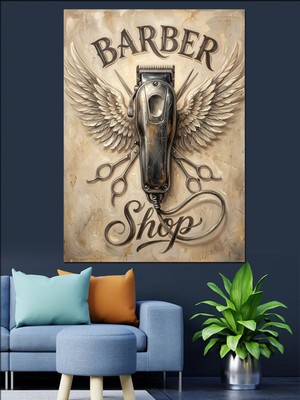 Özgürce Vintage Tarzda Berber Salonu Logo Tasarımlı Dekoratif Kanvas ve Mdf Ahşap Tablo