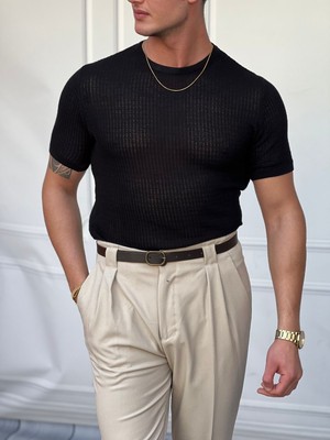 Modefendicom Yuvarlak Yaka Örme Detaylı Pamuk Yapılı Slim Fit Tshirt