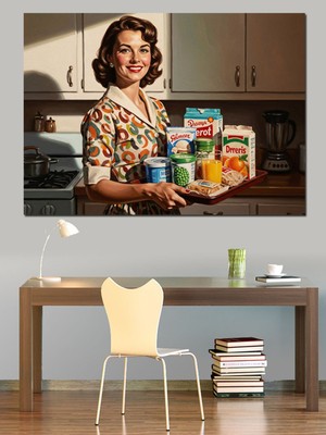 Özgürce Retro Kadın Yemek Hazırlayan Kanvas ve Mdf Ahşap Tablo Dekoru
