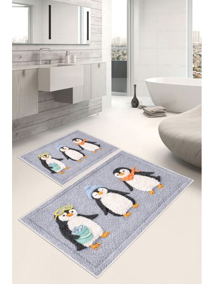 PremiumPort Penguen Desenli Dijital Baskılı Çiftli Banyo Paspası Seti