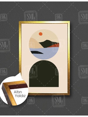 SML Tablo Minimal Deniz Manzarası Güneş ve Dağlar Boho  Dikey Çerçeveli Kanvas Tablo