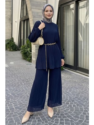 inStyle Bol Pantolonlu Piliseli Şifon Lacivert Takım