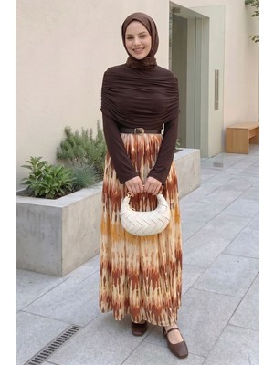 inStyle Şifon Sandy Kemerli Drapeli Acı Kahve Ebruli Desen Elbise