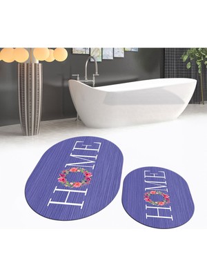 PremiumPort Yıkanabilir Oval Kaymaz Tabanlı Banyo Paspası ve Klozet Takımı