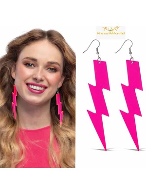 NW NessiWorld 80’ler 90&amp;#39;lar Retro Neon Pembe Şimşek Küpe 10 cm
